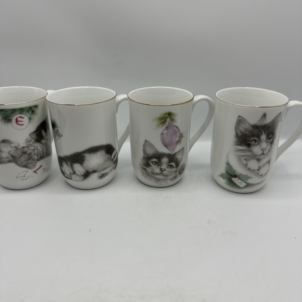 Otagiri Cats‎ Christmas Porcelain Mugs Playful Kittens Ornaments Japan Set Of 4